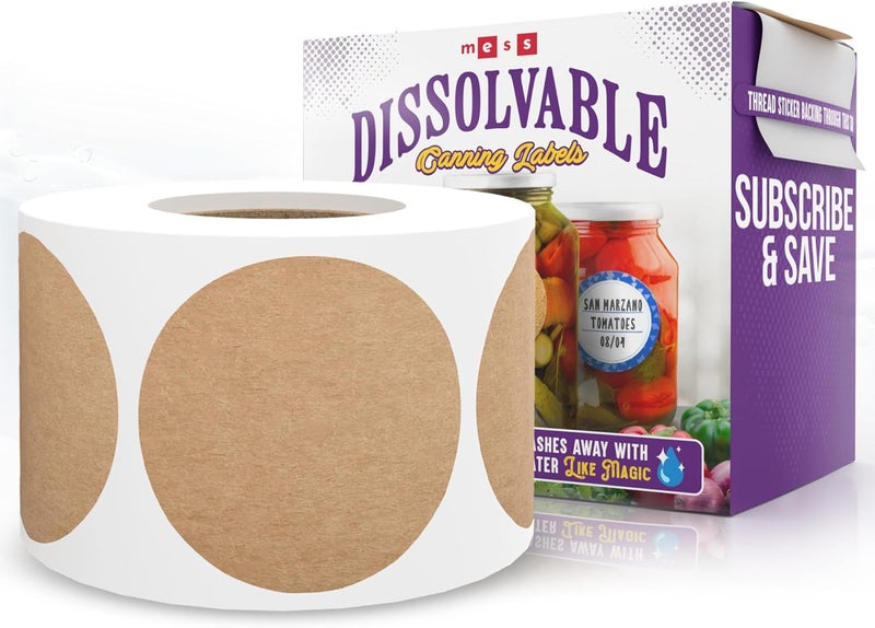 MESS Dissolvable Canning Labels – 200 Kraft 2.5" Removable Mason Jar Stickers for Jars, Containers, Homemade Jam, and Food Storage - Image 1